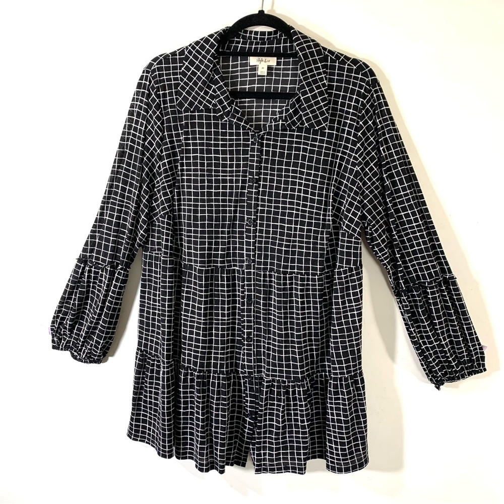 Style & Co windowpane Plaid Tiered Top 2/$35